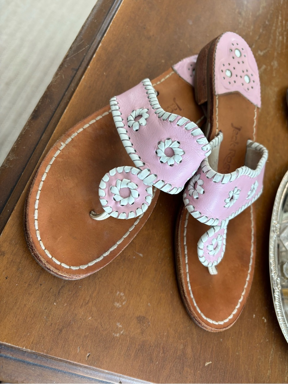 Jack Rogers Pink Leather Whipstitched Floral Thong Sandals - Picture 4 of 4